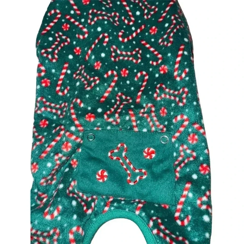 FuzzYard Dog Christmas footless long Pajamas Green Candy Cane Pattern S